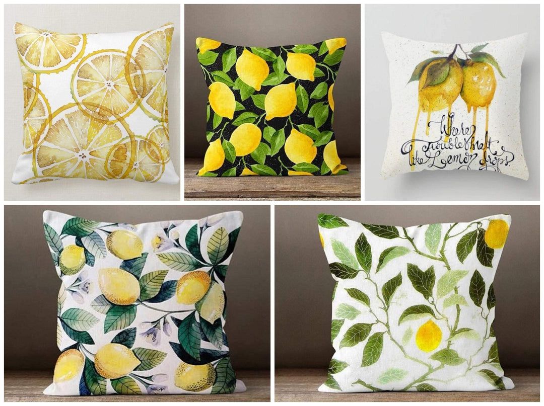 Yellow Lemons with Green Leafage Pillow Cover|Decorative Cushion Case|Home Decor with Lemon|Housewarming Gift|Floral Realtor Gift|Only Cover