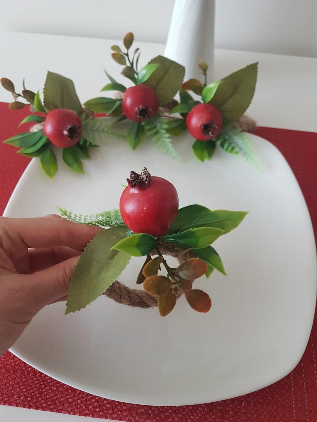 Faux Pomegranate Napkin Ring|Faux Fruit Napkin Holder|Red Pomegranate Decor|Summer Wedding Event Table Centerpiece|Rustic Kitchen Table Top