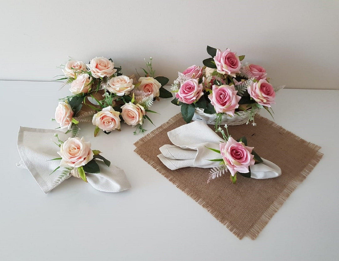 Pink Rose Napkin Ring|Summer Trend Napkin Holder|Floral Napkin Ring|Love Gift For Him or Her|Wedding Table Top|Jute Rope Table Centerpiece