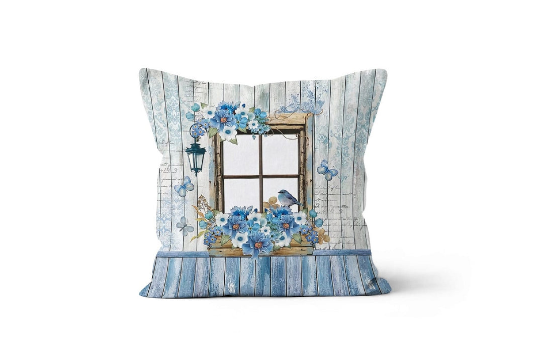 Blue Floral Houses Pillow Cover|Summer Trend Bedding Home Decor|Blue Lumbar Pillow|Housewarming Farmhouse Cushion Case|Throw Pillow Case