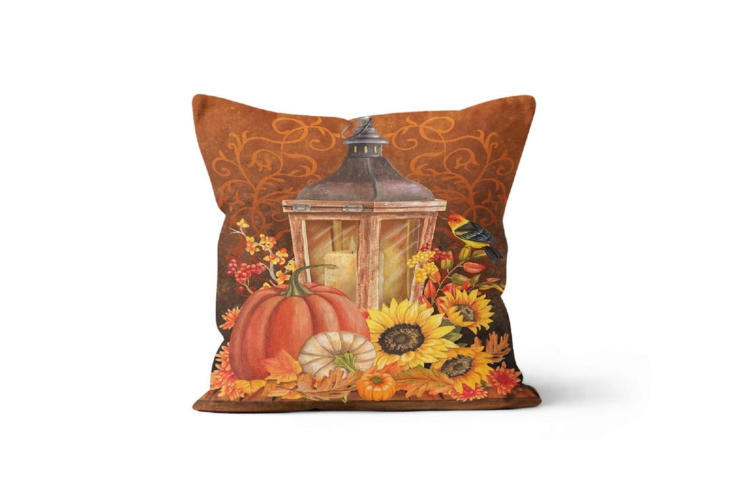 Fall Trend Pillow Cover|Autumn Cushion Case|Orange Pumpkin Throw Pillow|Halloween Harvest Home Decor|Housewarming Squirrel and Acorn Pillow