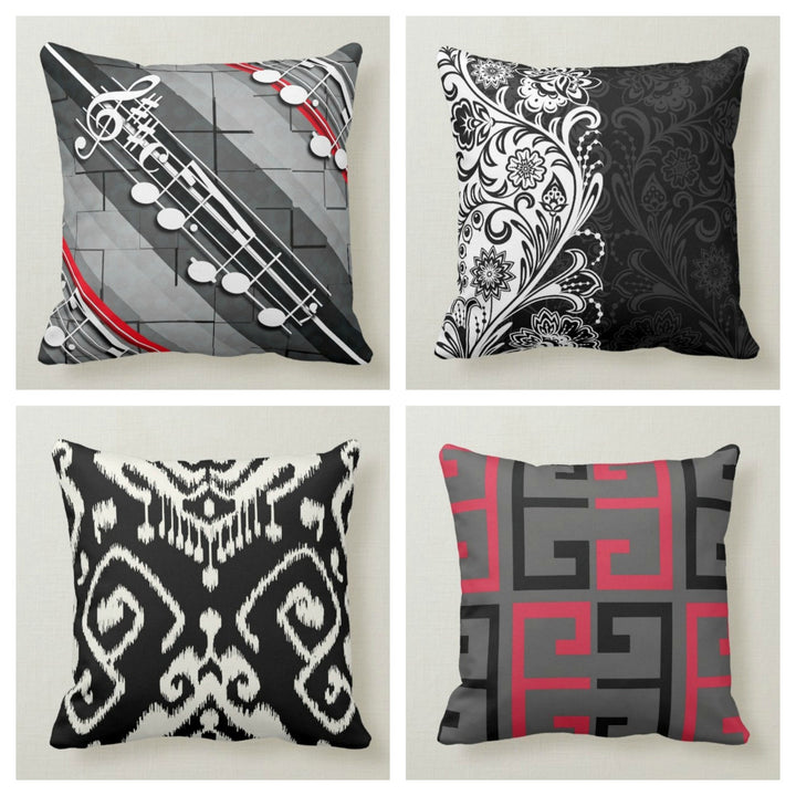 Ikat Pillow Cover|Decorative Aztec Pillow Cover|Musical Note Cushion Case|Bedding Home Decor|Housewarming Gray, Black and Red Pillow Case