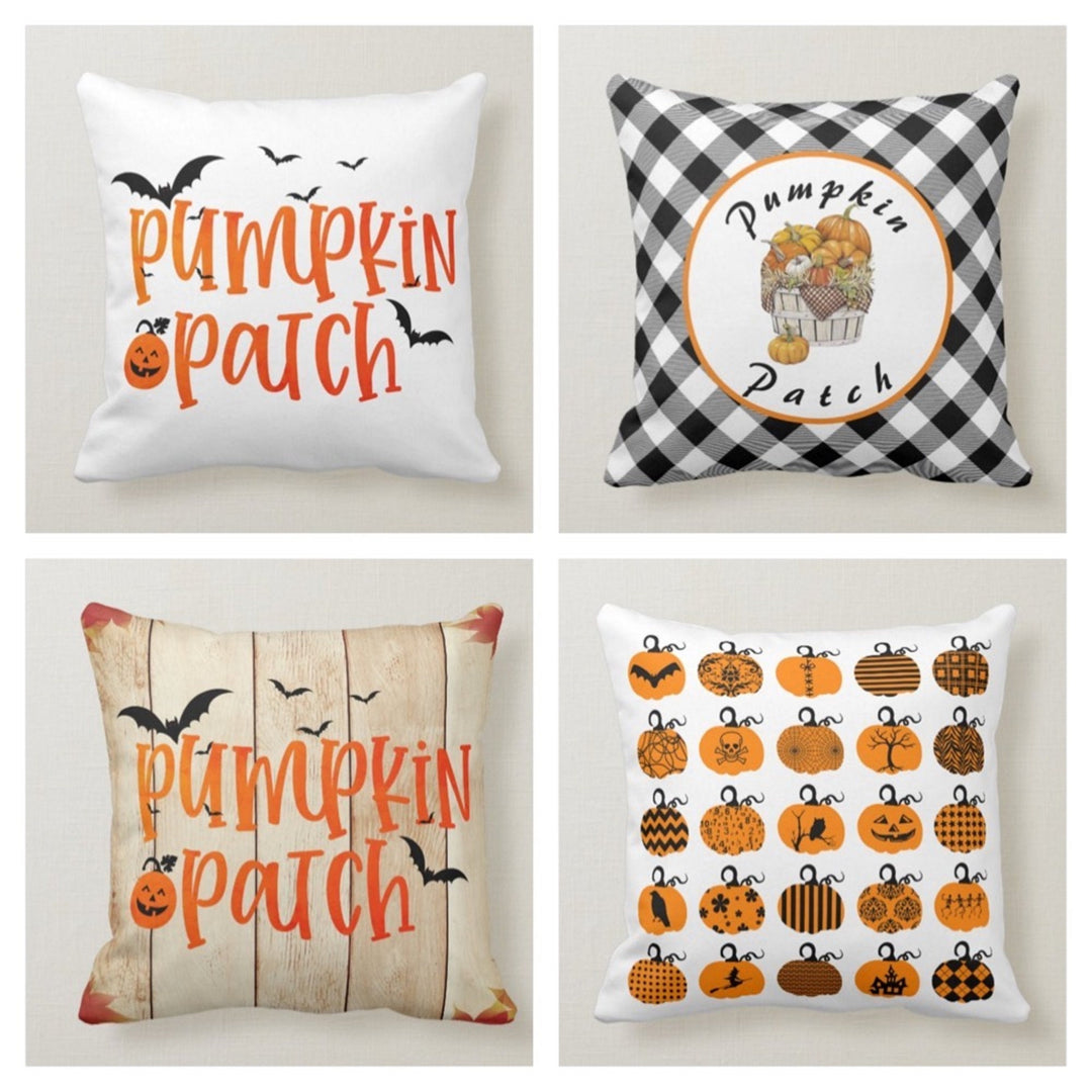 Halloween Pillow Case|Fall Trend Pumpkin Patch Cushion|Autumn Cushion Case|Checkered Orange Pumpkins Throw Pillow|Bats Home Decor|Fall Decor