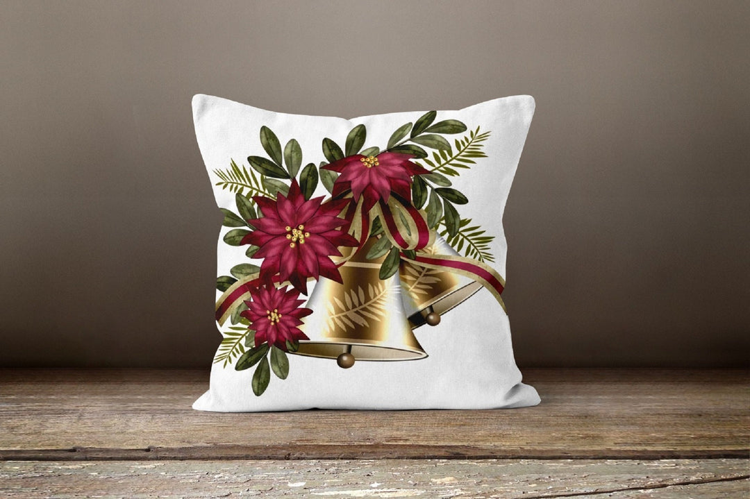 Christmas Pillow Cover|Xmas Flower with Candle and Jingle Bell Decor|Winter Trend Throw Pillow Case|Xmas Gift Idea|Red Poinsettia Pillow Top