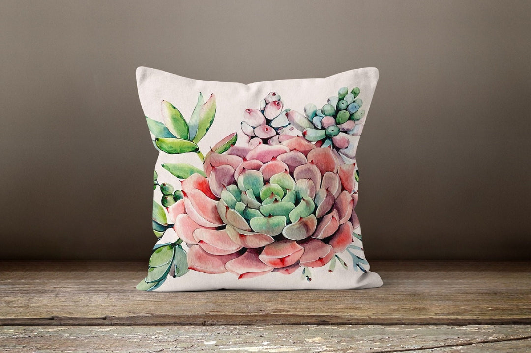 Floral Pillow Cover|Succulent Pillow Cover|Pink Green Pillow Case|Decorative Cushion Case|Boho Bedding Home Decor|Housewarming Pillow Cover