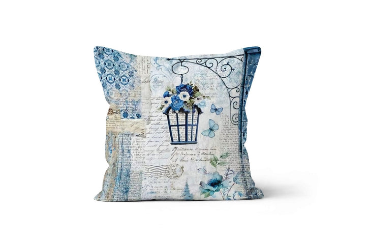 Blue Floral Houses Pillow Cover|Summer Trend Bedding Home Decor|Blue Lumbar Pillow|Housewarming Farmhouse Cushion Case|Throw Pillow Case