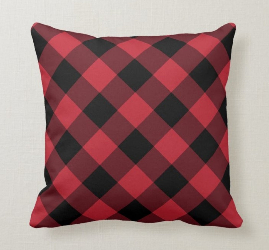 Crow and Rooster Pillow Cover|Decorative Cushion Case|Check Throw Pillow|Red Black Buffalo Plaid Home Decor|Housewarming Farmhouse Pillow