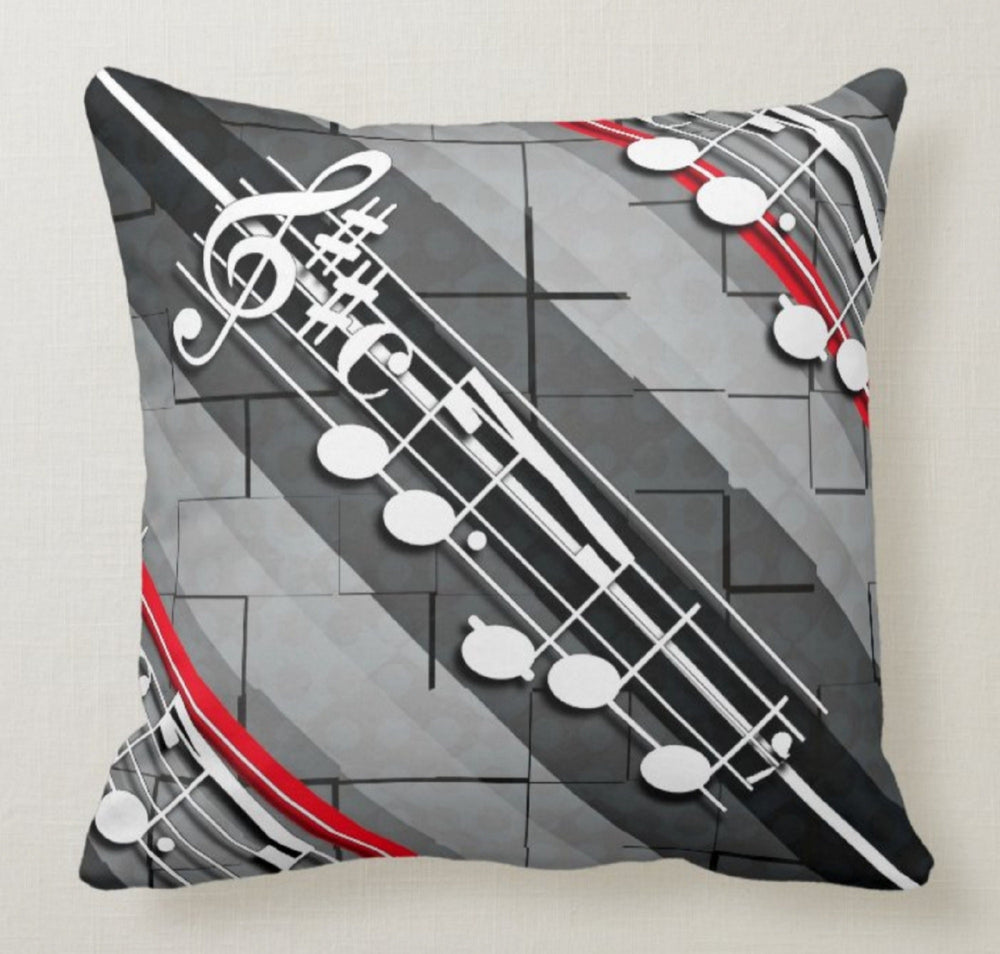 Ikat Pillow Cover|Decorative Aztec Pillow Cover|Musical Note Cushion Case|Bedding Home Decor|Housewarming Gray, Black and Red Pillow Case