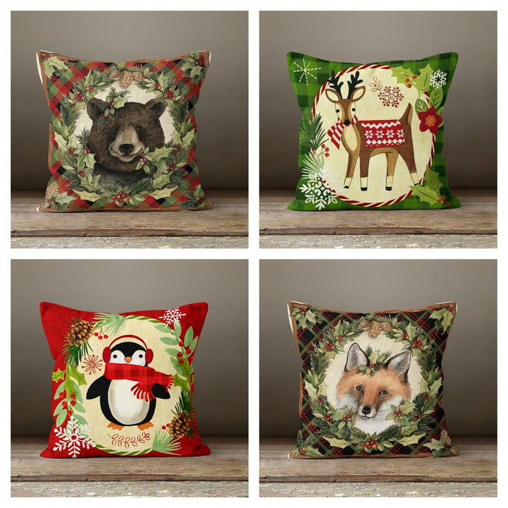 Christmas Pillow Cover|Animals Decoration|Winter Pillow Case|Forest Animal Decor|Outdoor Pillow Cover|Bear Deer Penguin Fox Pillow Cover