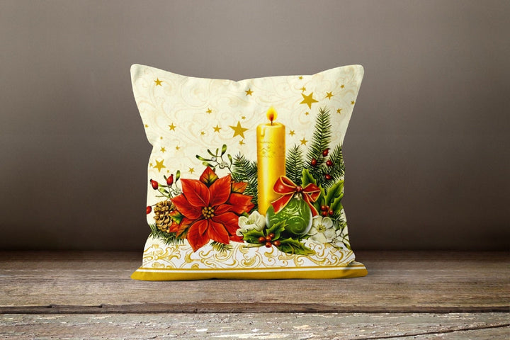 Christmas Pillow Cover|Xmas Flower with Candle and Jingle Bell Decor|Winter Trend Throw Pillow Case|Xmas Gift Idea|Red Poinsettia Pillow Top