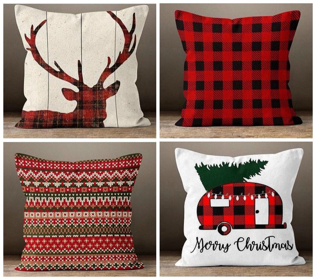 Christmas Pillow Covers|Buffalo Plaid Christmas Deer Cushion Case|Decorative Merry Christmas Pillow|Xmas Buckhorn Home Decor|Xmas Gift Ideas