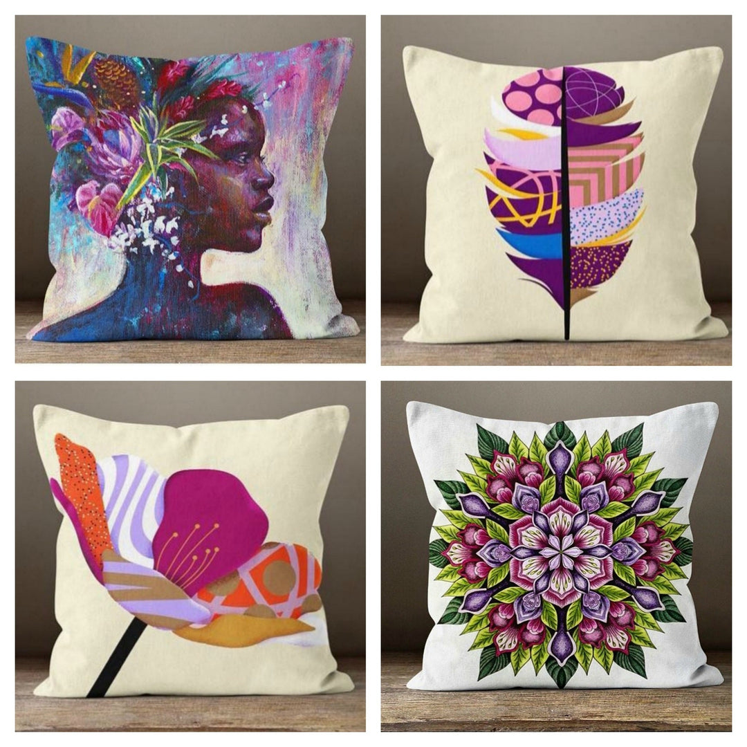 Floral Pillow Covers|African Girl Cushion Case|Decorative Outdoor Throw Pillow|Bedding Home Decor|Farmhouse Style Pillow Case|Purple Flowers