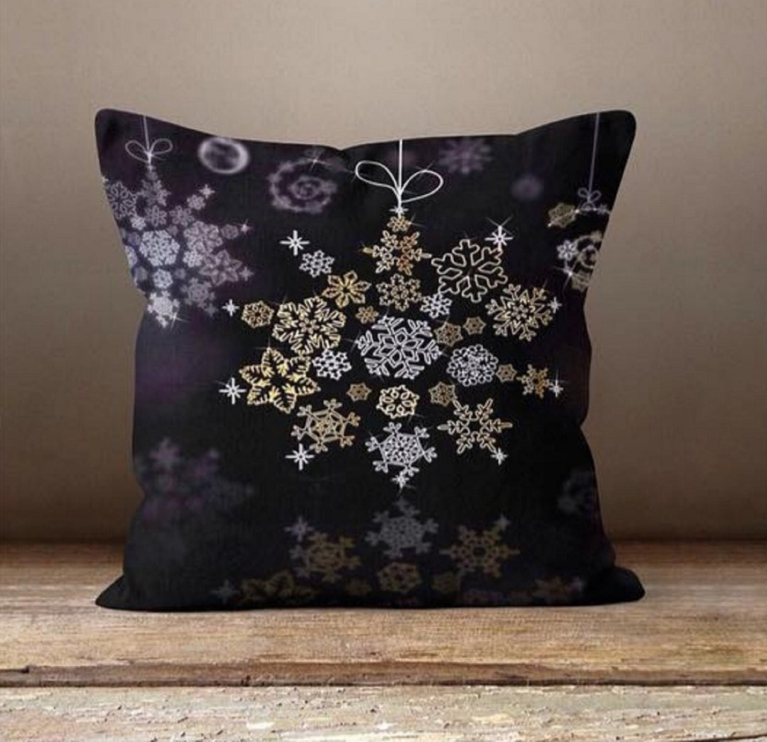 Christmas Pillow Cover|Black Christmas Decor|Decorative Winter Pillow Case|Floral Snowflake Xmas Throw Pillow|Xmas Gift|Outdoor Pillow Cover