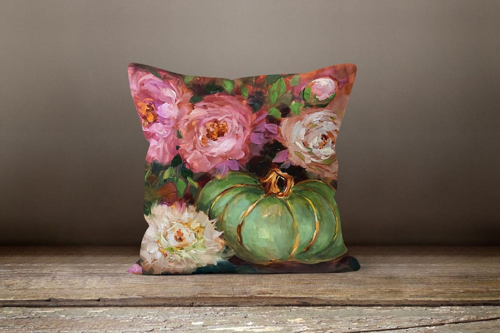 Floral Pink Pillow Cover|Summer Cushion Case|Pink Green Decorative Outdoor Throw Pillow|Bedding Home Decor|Housewarming Green Pumpkin Decor