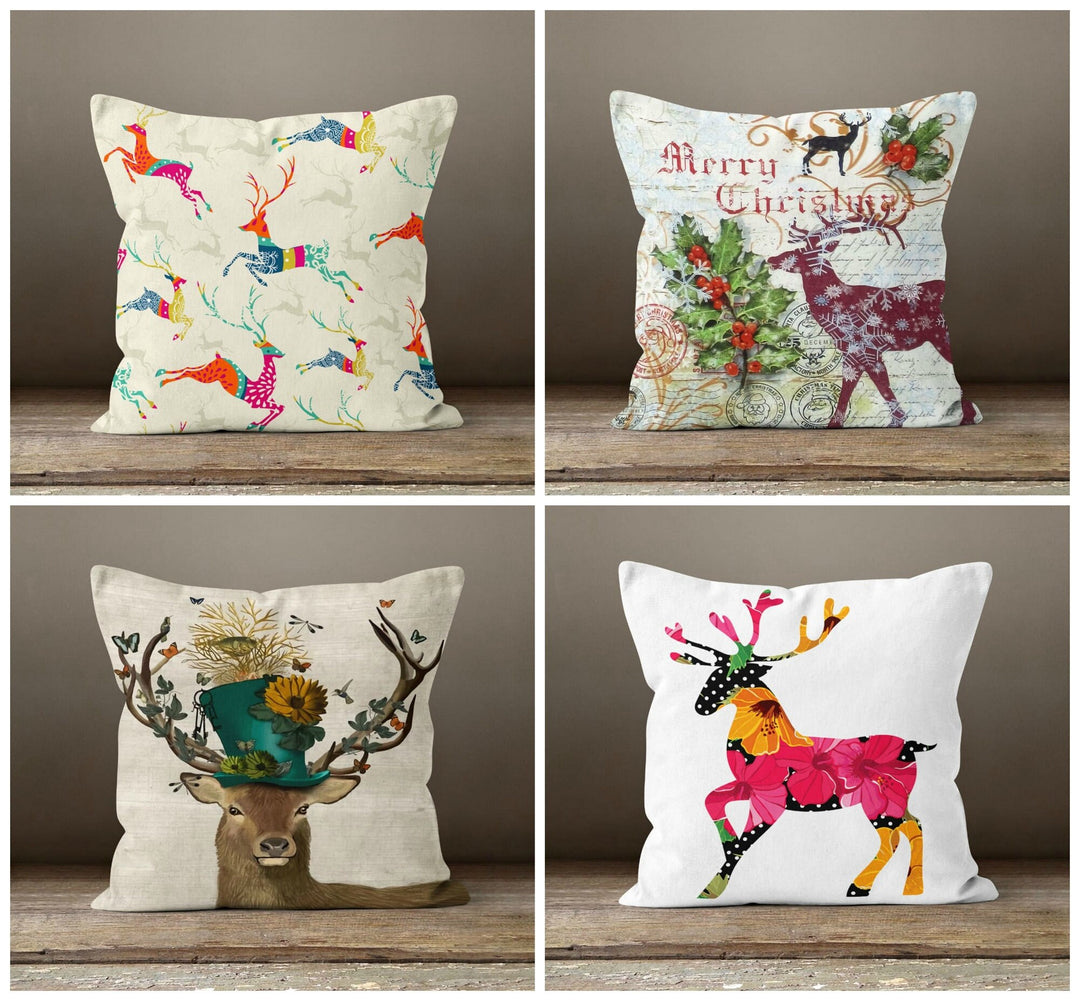 Christmas Pillow Cover|Xmas Deer Cushion Case|Colorful Pillow Case|Xmas Home Decor|Xmas Gift Ideas|Deer Design Cover|Merry Xmas Gift Decor