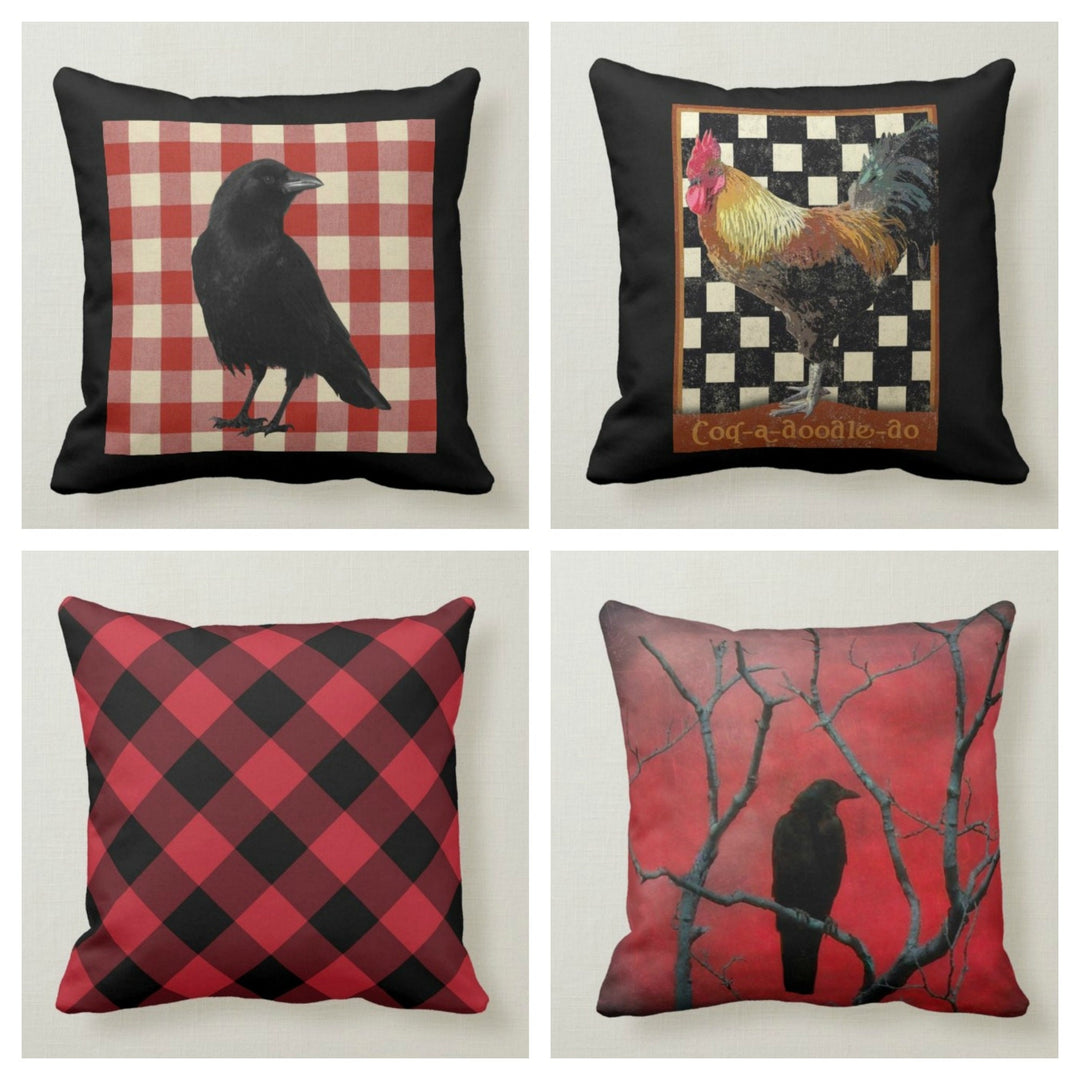 Crow and Rooster Pillow Cover|Decorative Cushion Case|Check Throw Pillow|Red Black Buffalo Plaid Home Decor|Housewarming Farmhouse Pillow