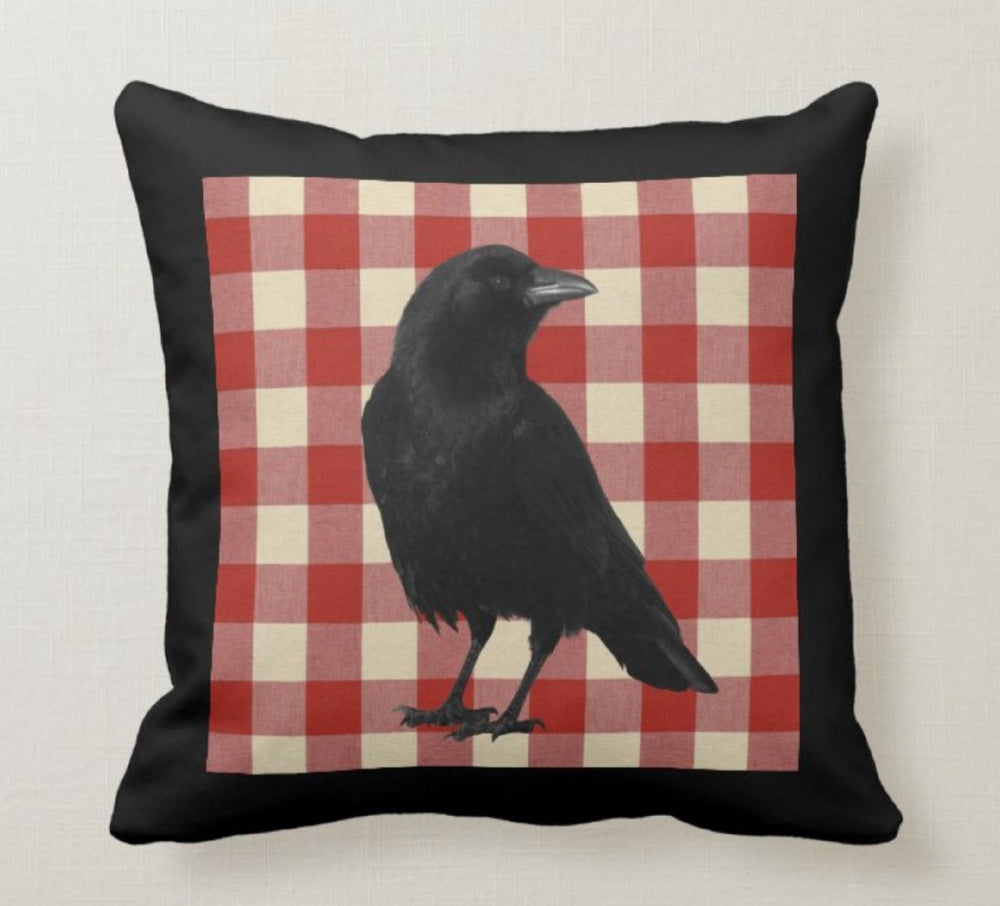 Crow and Rooster Pillow Cover|Decorative Cushion Case|Check Throw Pillow|Red Black Buffalo Plaid Home Decor|Housewarming Farmhouse Pillow