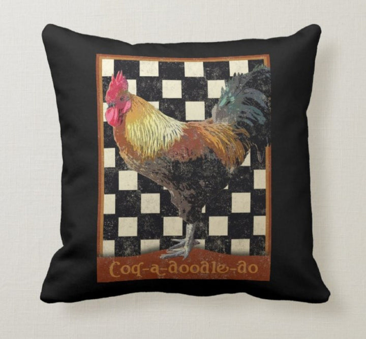 Crow and Rooster Pillow Cover|Decorative Cushion Case|Check Throw Pillow|Red Black Buffalo Plaid Home Decor|Housewarming Farmhouse Pillow