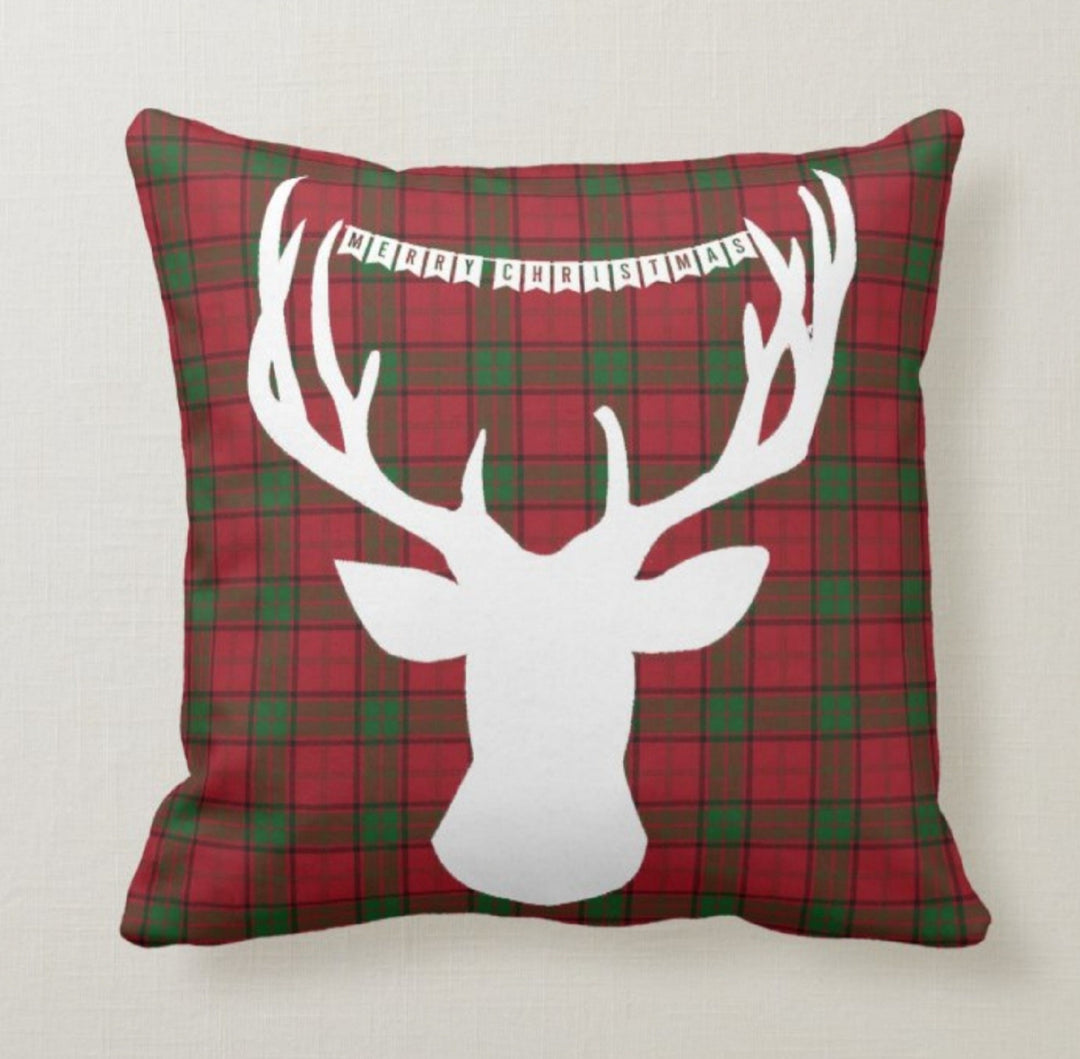 Christmas Pillow Top|Checkered Xmas Deer Cushion|Decorative Buckhorn Pillow Case|Xmas Throw Pillow|Buffalo Plaid Pillow|Christmas Flower