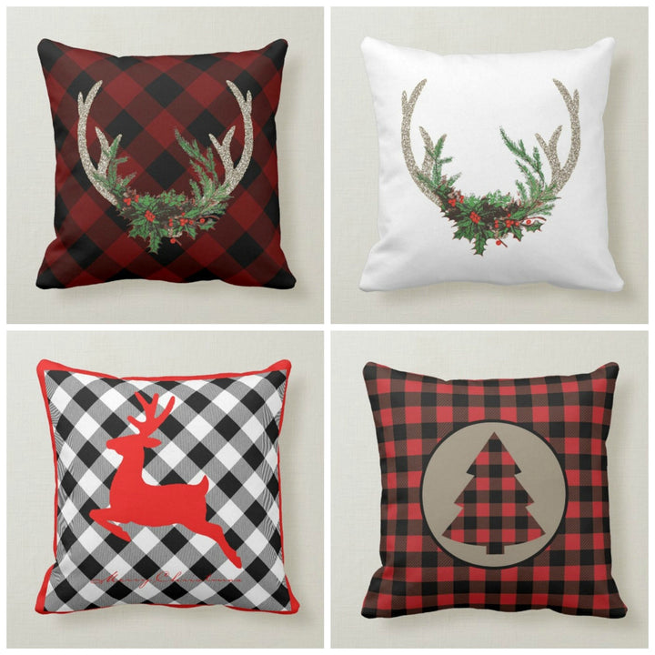 Christmas Pillow Top|Checkered Xmas Deer Cushion Case|Decorative Buckhorn Pillow Case|Xmas Home Decor|Buffalo Plaid Pillow|Xmas Tree Pillow