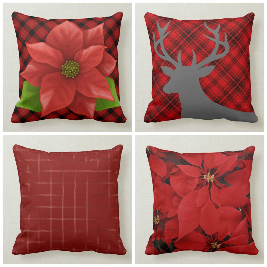 Christmas Pillow Cover|Buffalo Plaid Xmas Cushion Case|Christmas Flower Winter Pillow Case|Xmas Home Decor|Xmas Gift Ideas|Poinsettia Pillow