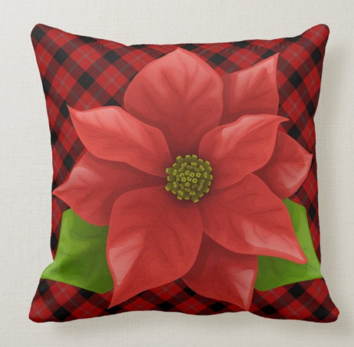 Christmas Pillow Cover|Buffalo Plaid Xmas Cushion Case|Christmas Flower Winter Pillow Case|Xmas Home Decor|Xmas Gift Ideas|Poinsettia Pillow