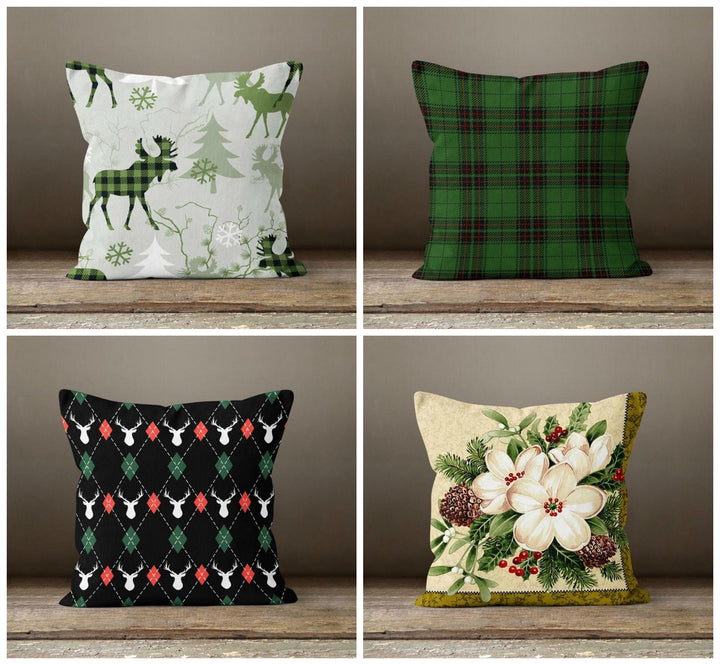 Christmas Pillow Covers|Green Buffalo Plaid Cushion|Decorative Winter Throw Pillow|Outdoor Xmas Deer Pillow Cover|Xmas Poinsettia Pillow