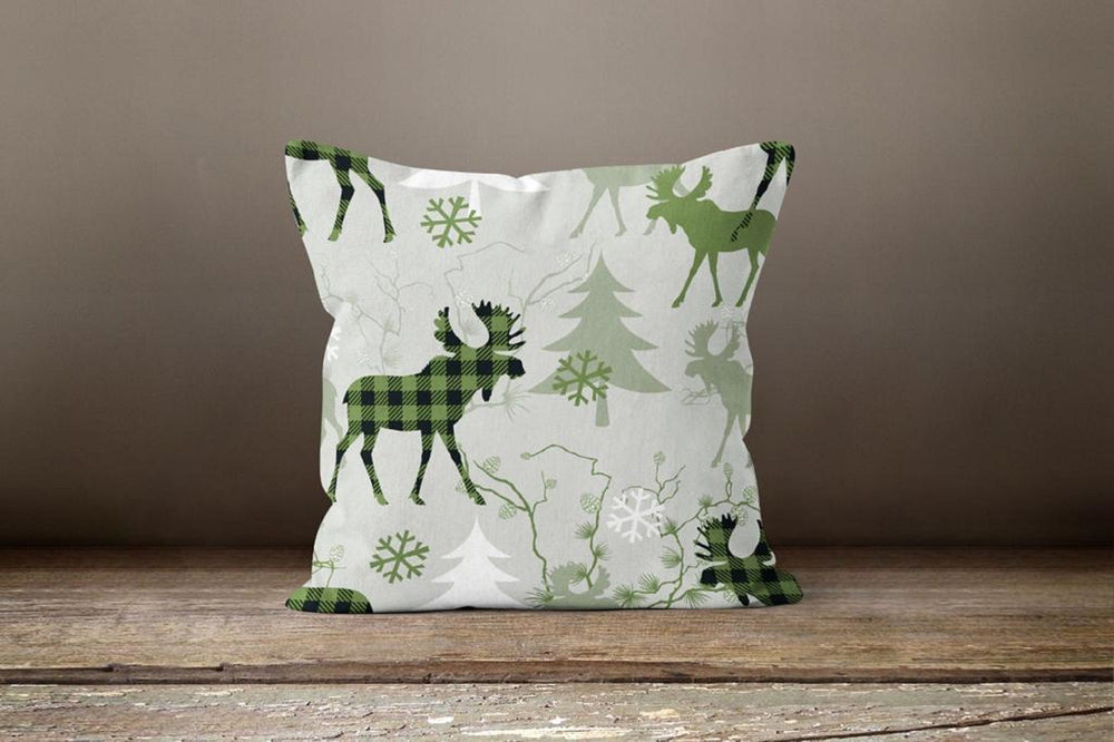 Christmas Pillow Covers|Green Buffalo Plaid Cushion|Decorative Winter Throw Pillow|Outdoor Xmas Deer Pillow Cover|Xmas Poinsettia Pillow