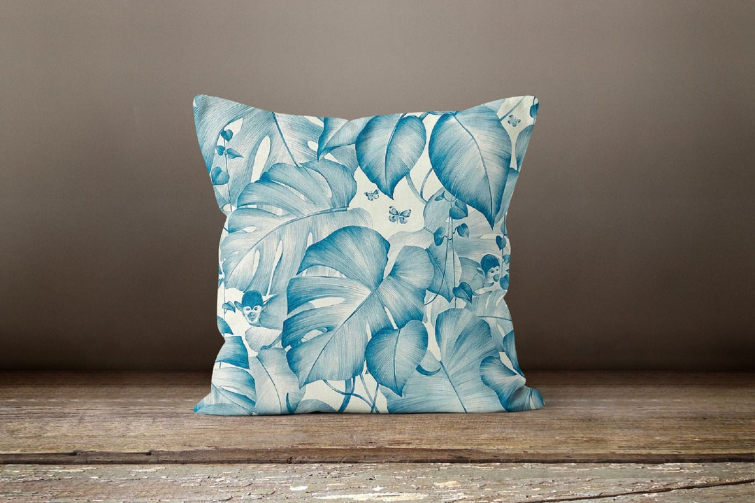 Fall Trend Pillow Cover|Tropical Leaves Cushion Case|Blue Outdoor Throw Pillow|Halloween Home Decor|Housewarming Farmhouse Welcome Pillow