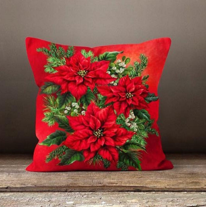 Christmas Pillow Cover|Christmas Flower Decor|Decorative Winter Pillow|Xmas Throw Pillow|Xmas Gift|Outdoor Pillow Cover|Xmas Poinsettia Case