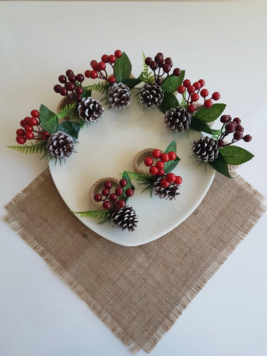 Christmas Napkin Rings|Winter Trend Napkin Ring|Jute Rope Napkin Holder|Redberry Table Decor|Pinecones Tablecenterpiece|Love Napkin Holder