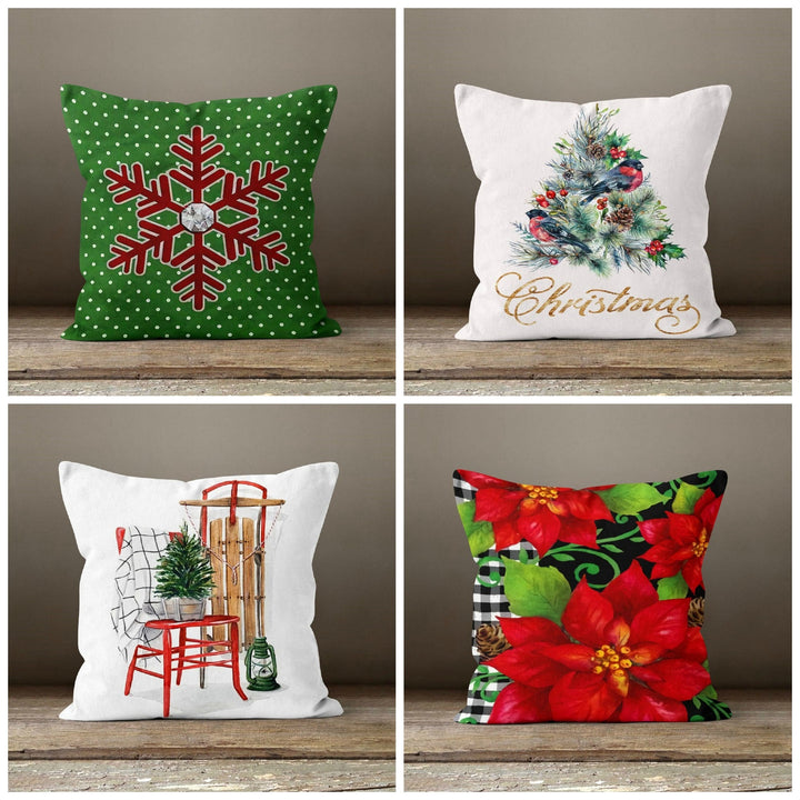 Christmas Pillow Cover|Xmas Cushion Case|Winter Decorative Pillow|Xmas Home Decor|Xmas Gift Ideas|Snowflake Throw Pillow|Poinsettia Pillow