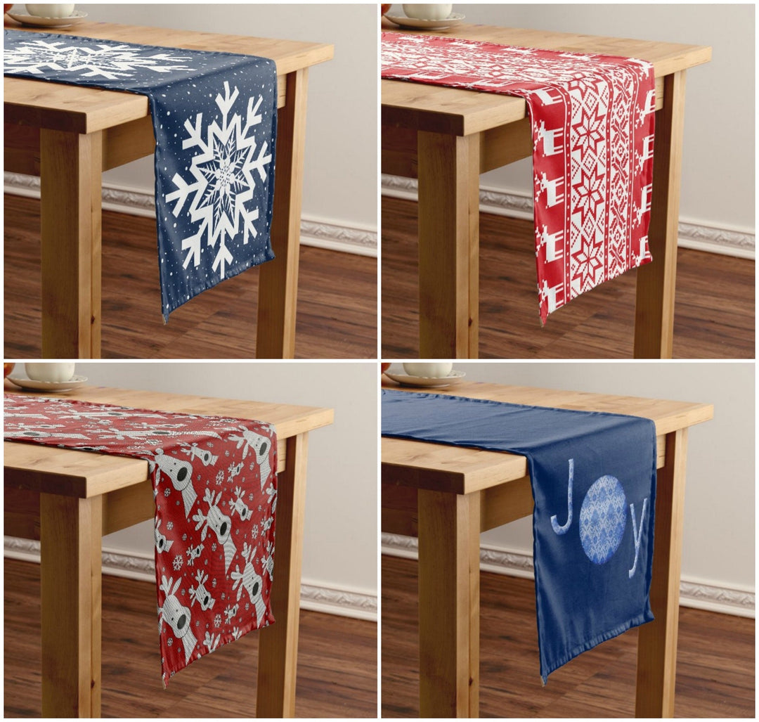 Christmas Table Runners|Winter Trend Table Runner|Red Blue Home Decor|Farmhouse Kitchen Decor|Xmas Reindeer Decor|Xmas Joy Decor Tablecloths