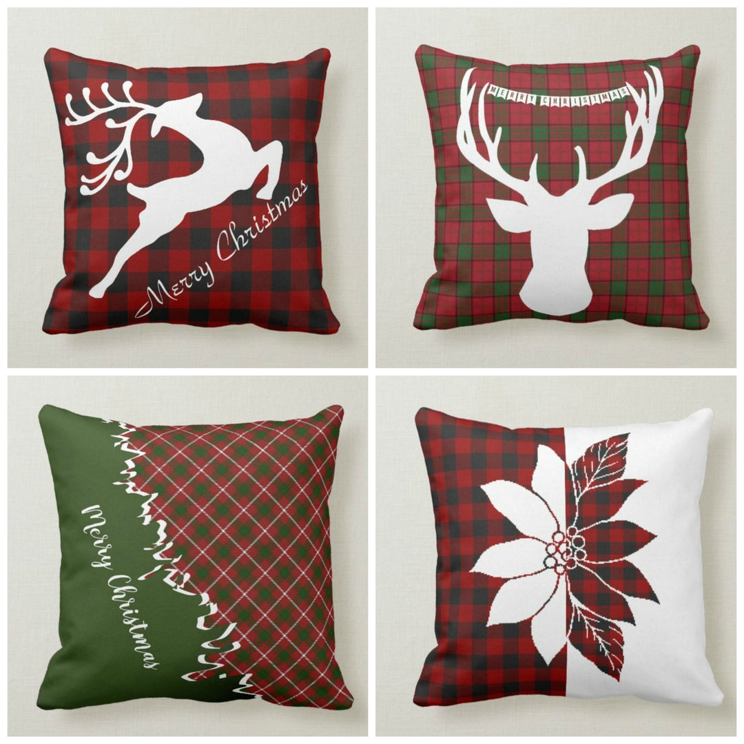 Christmas Pillow Top|Checkered Xmas Deer Cushion|Decorative Buckhorn Pillow Case|Xmas Throw Pillow|Buffalo Plaid Pillow|Christmas Flower