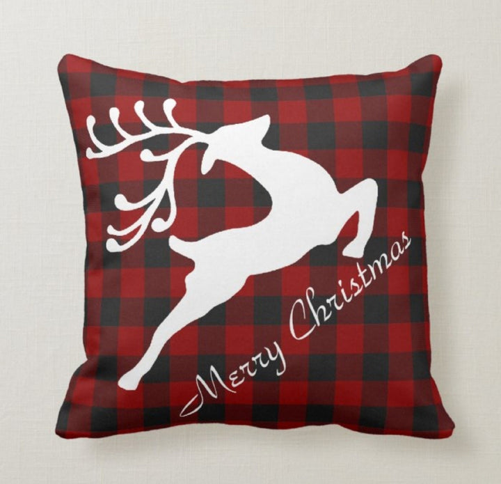 Christmas Pillow Top|Checkered Xmas Deer Cushion|Decorative Buckhorn Pillow Case|Xmas Throw Pillow|Buffalo Plaid Pillow|Christmas Flower