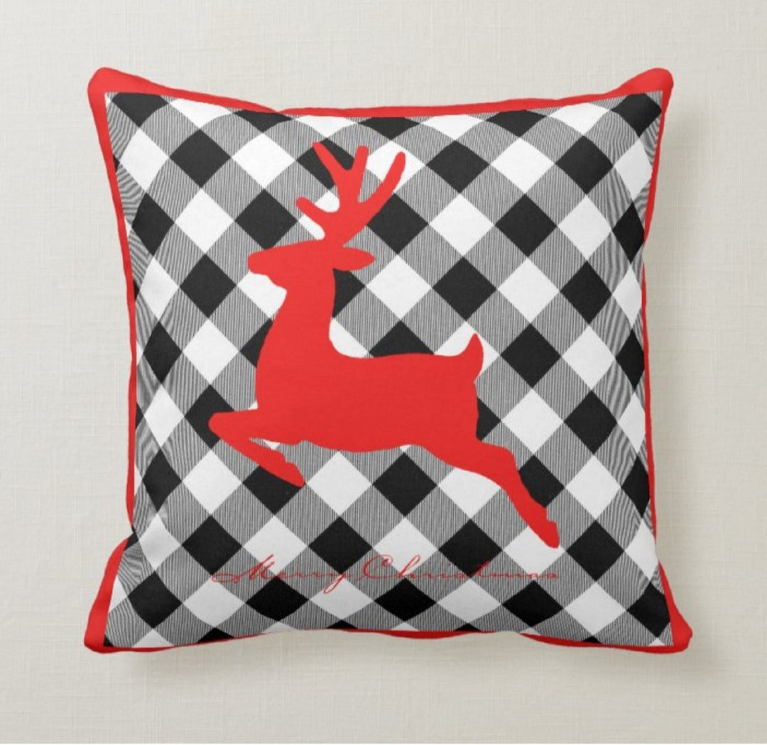 Christmas Pillow Top|Checkered Xmas Deer Cushion Case|Decorative Buckhorn Pillow Case|Xmas Home Decor|Buffalo Plaid Pillow|Xmas Tree Pillow