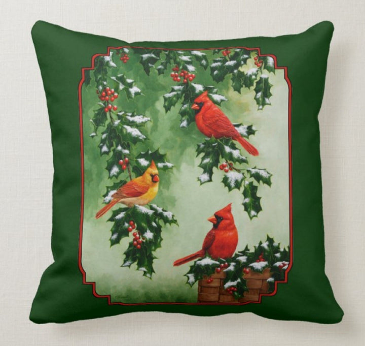 Christmas Pillow Covers|Xmas Green Decor|Winter Decorative Pillow Case|Xmas Cardinal Throw Pillow|Merry Xmas Cover|Christmas Red Bird Decor