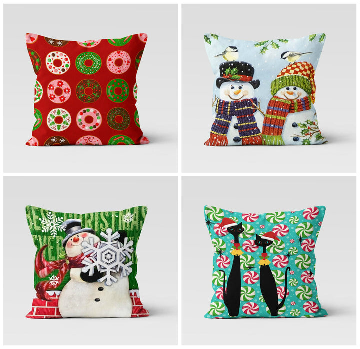 Christmas Pillow Covers|Xmas Snowman Decor|Winter Decorative Pillow Case|Cute Cats with Santa Hat Throw Pillow|Xmas Snowman Pillow