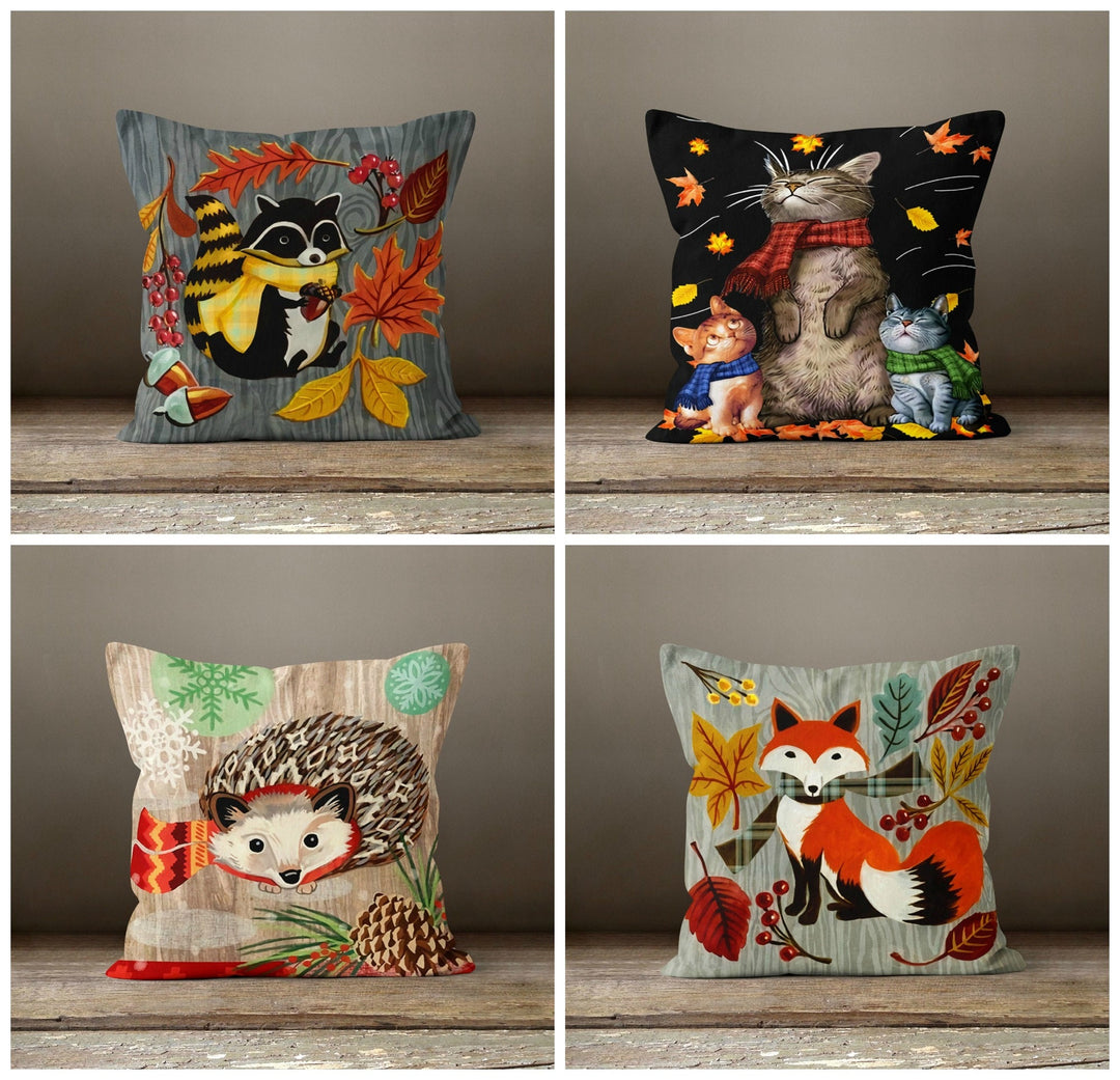 Fall Trend Pillow Cover|Autumn Animal Decor|Winter Trend Pillow Case|Outdoor Throw Pillow Top|Housewarming Cat Fox Raccoon Hedgehog Decor