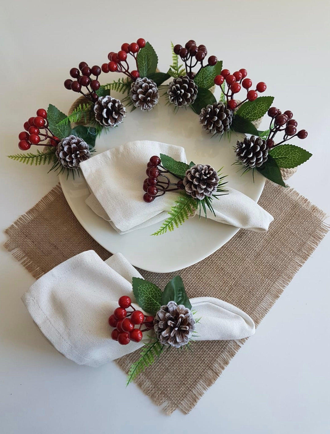 Christmas Napkin Rings|Winter Trend Napkin Ring|Jute Rope Napkin Holder|Redberry Table Decor|Pinecones Tablecenterpiece|Love Napkin Holder