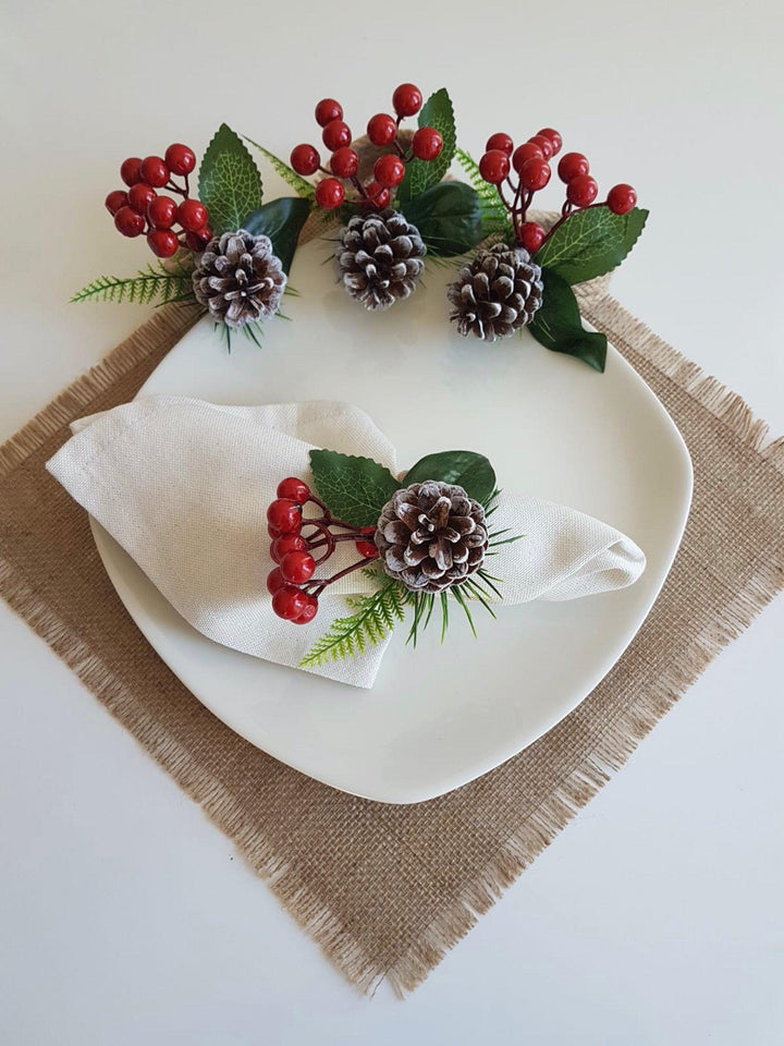 Christmas Napkin Rings|Winter Trend Napkin Ring|Jute Rope Napkin Holder|Redberry Table Decor|Pinecones Tablecenterpiece|Love Napkin Holder