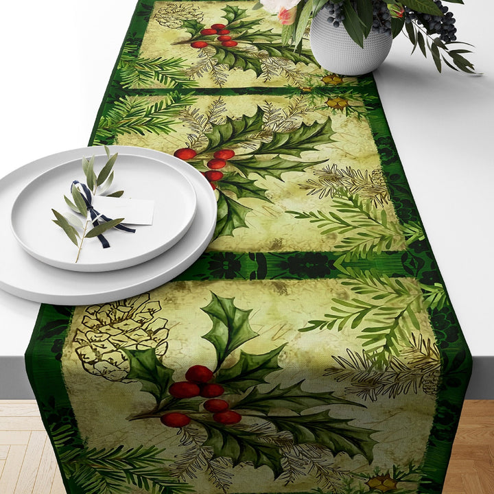 Christmas Table Runners|Winter Trend Table Runner|Xmas Berry Home Decor|Decorated Xmas Tree Table Decor|Xmas Icons Runner Tablecloth