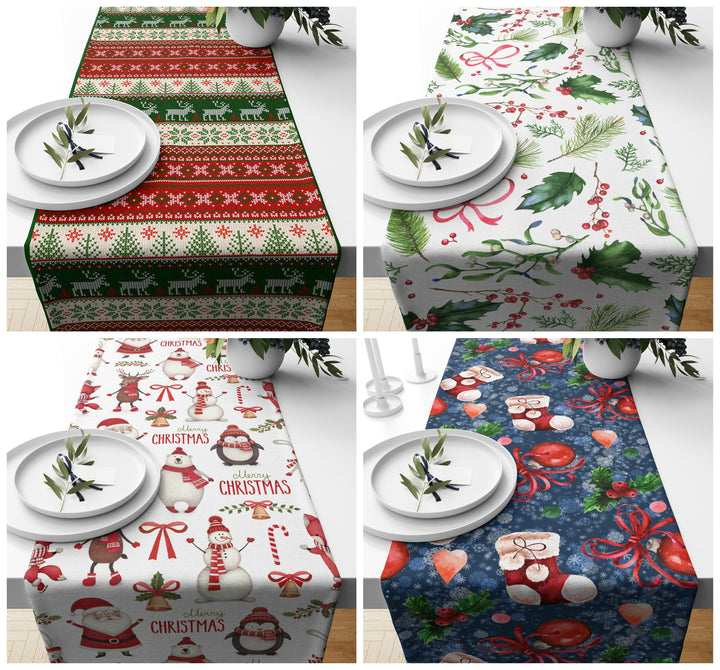 Christmas Table Runners|Winter Trend Table Runner|Xmas Holly Berry Home Decor|Xmas Red Socks Table Decor|Cute Xmas Images Runner Tablecloth