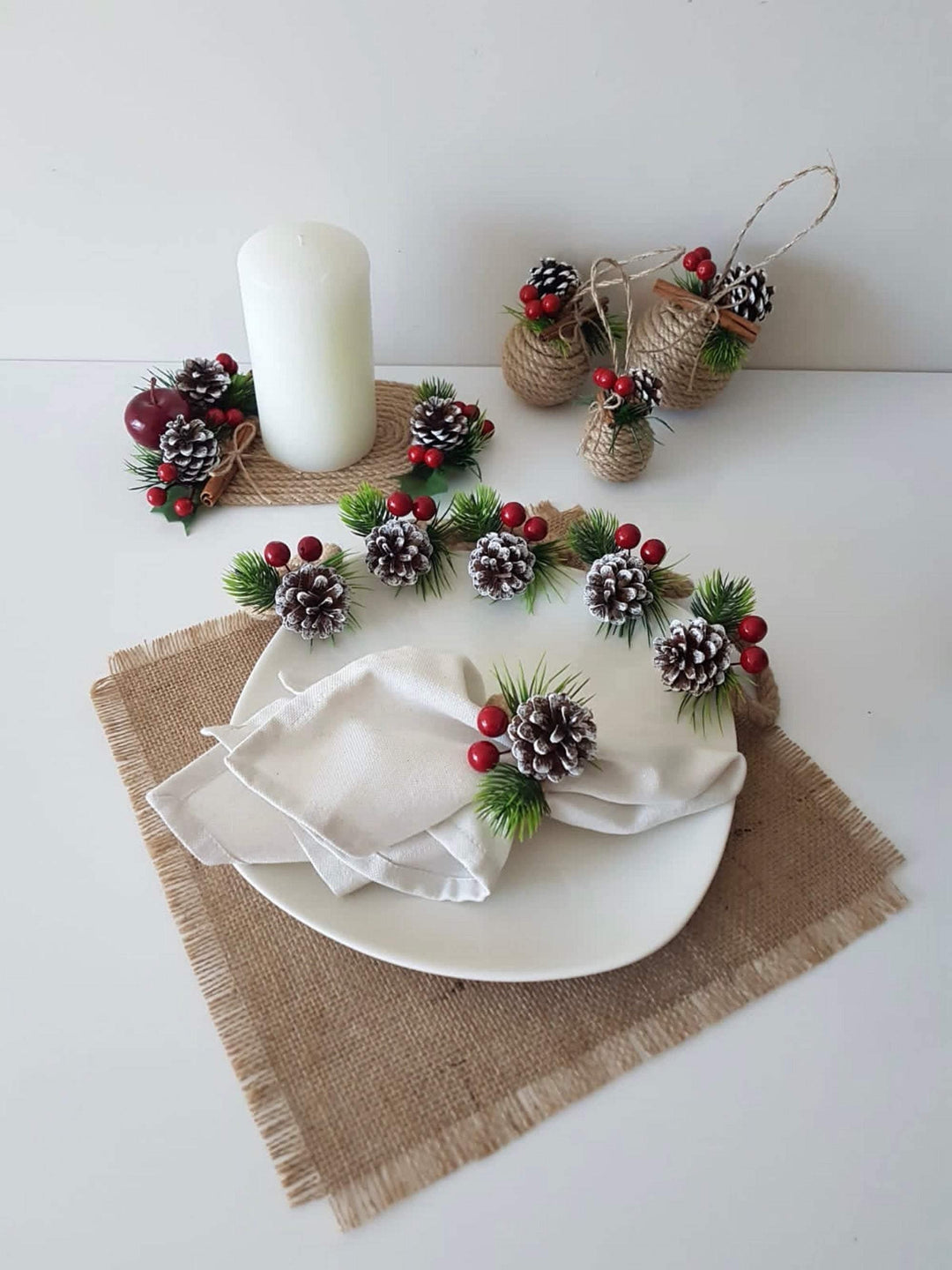 Christmas Table Centerpiece|Burlap Placemat|Jute Rope Napkin Ring Set|Christmas Tree Ornament|Christmas Gift|Christmas Thanksgiving Dinner - Akasia