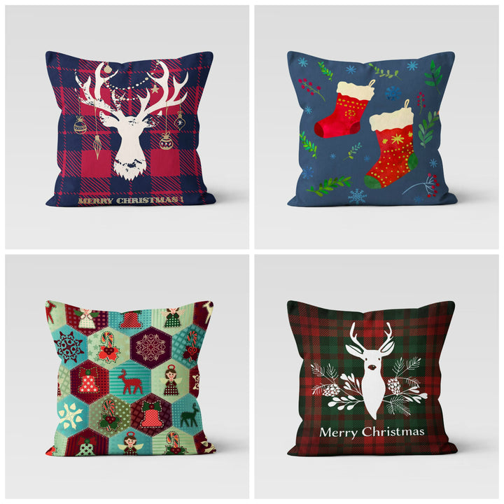 Christmas Pillow Covers|Merry Christmas Decor|Decorative Winter Pillow Case|Red Xmas Socks Throw Pillow Case|Buffalo Plaid Deer Pillow Cover