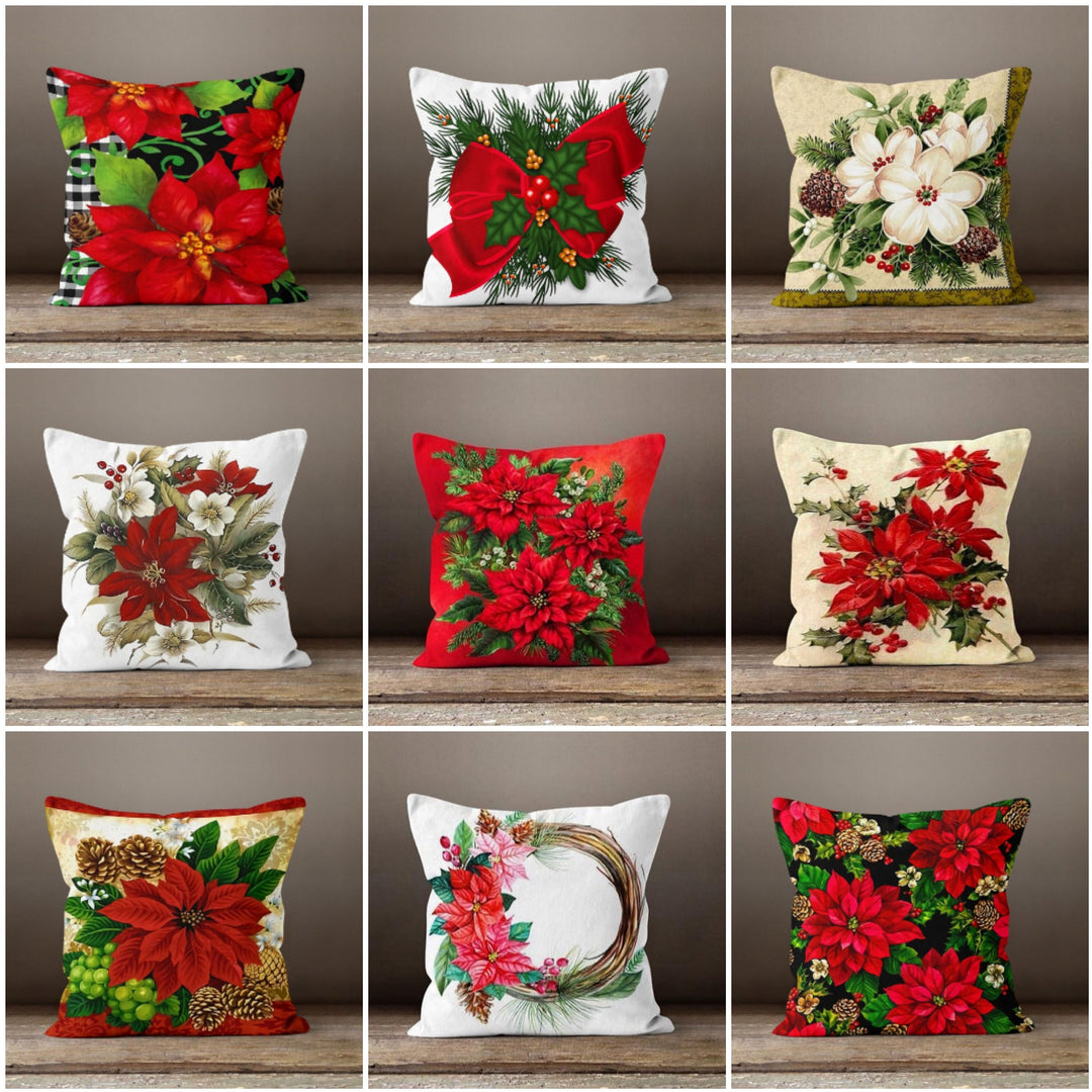 Christmas Flower Pillows|Xmas Red Poinsettia Decor|Winter Trend Pillow Case|Valentine Day Gift Idea|Housewarming Gift|Christmas Flower Decor