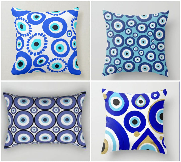 Evil Eye Pillow Cover|Turkish Greek Blue Evil Eye Cushion Case|Good Luck Home Decor|Protection Amulet Throw Pillow | Nazar Bead Boho Bedding