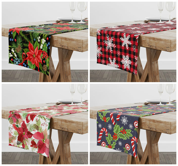 Christmas Table Runners|Xmas Flower Table Runner|Winter Trend Home Decor|Poinsettia Table Decor|Xmas Snowflake Decor|Plaid Runner Tablecloth