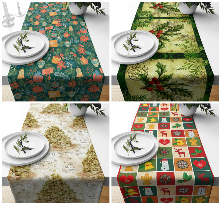 Christmas Table Runners|Winter Trend Table Runner|Xmas Berry Home Decor|Decorated Xmas Tree Table Decor|Xmas Icons Runner Tablecloth