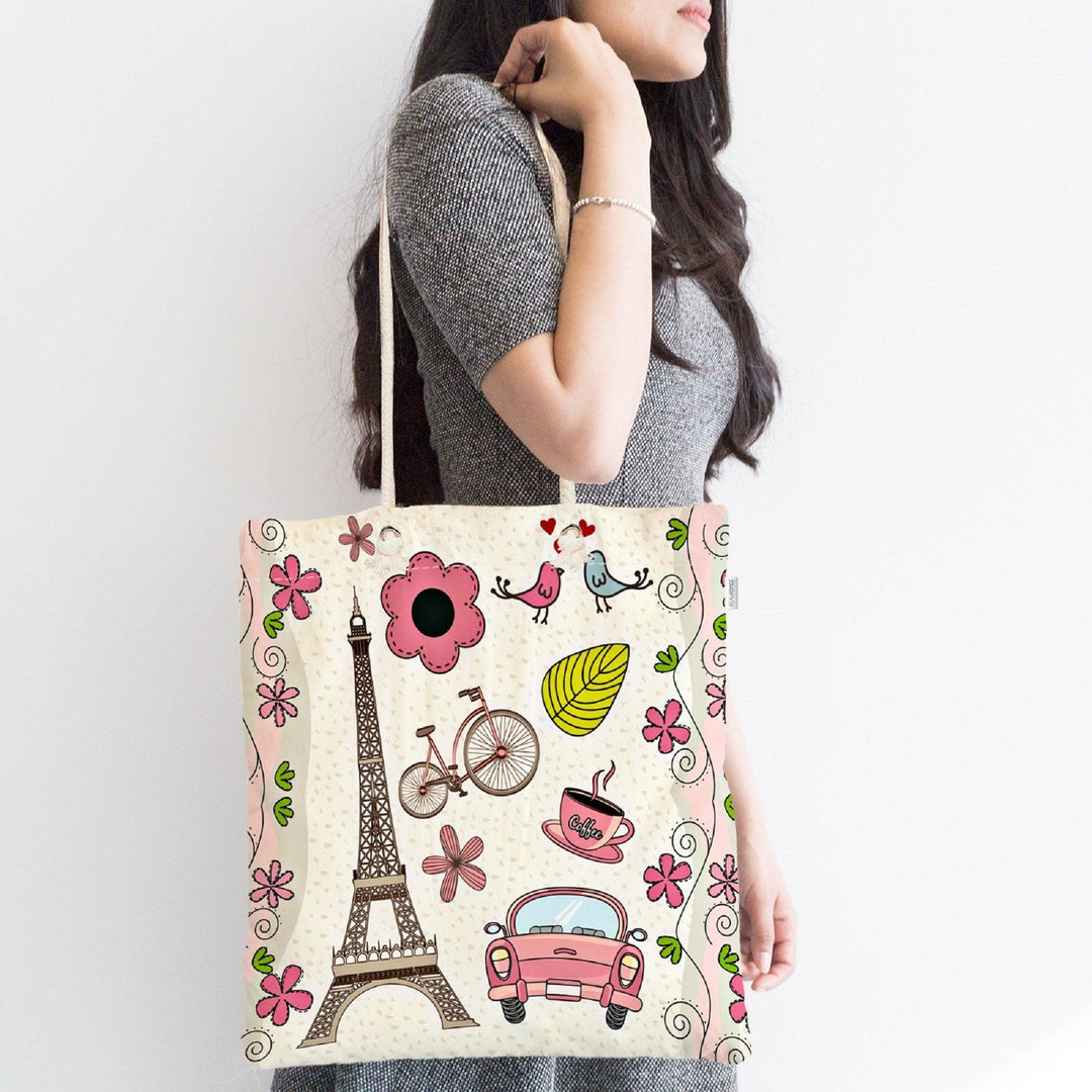 Eiffel Print Fabric Handbag|Colorful Paris Shoulder Bag|Floral Eiffel Tower Messenger Bag|Beach Tote Bag|Love in Paris Digital Print Design